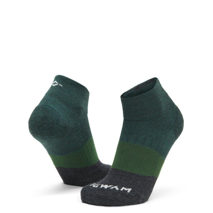 Trail Junkie Lightweight Quarter Sock With Merino Wool - June Bug full product perspective - made in The USA Wigwam Socks