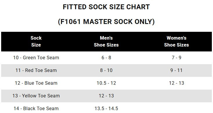 Master Lightweight Crew Athletic Sock - size chart - made in The USA Wigwam Socks