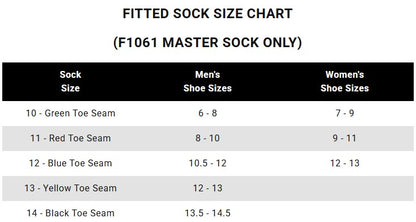 Master Lightweight Crew Athletic Sock - size chart - made in The USA Wigwam Socks