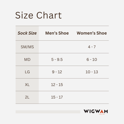 Alpaca Ridge Low Lightweight Sock - Size chart - made in The USA Wigwam Socks