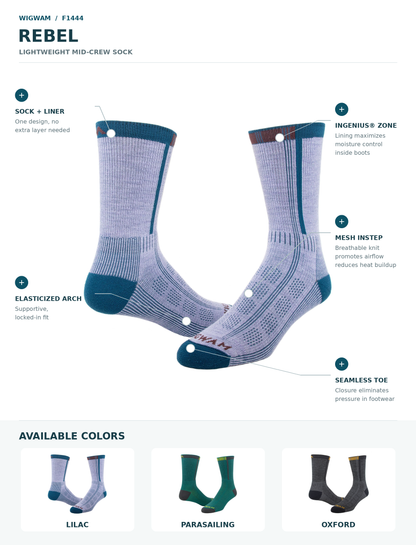 Rebel Lightweight Mid-Crew Sock - Rebel Lightweight Mid-Crew Sock - made in The USA Wigwam Socks