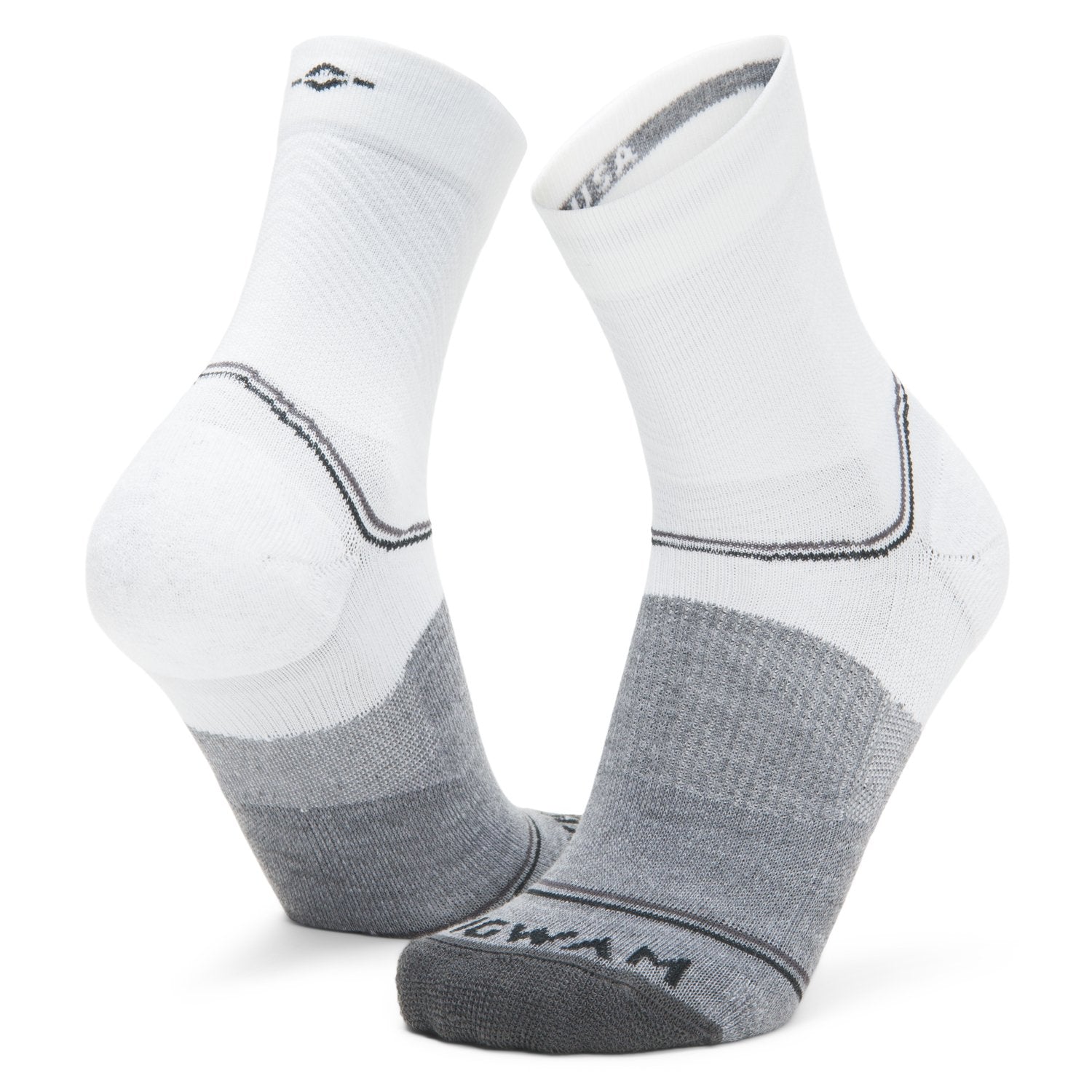Surpass Lightweight Mid Crew Sock - White/Grey full product perspective - made in The USA Wigwam Socks
