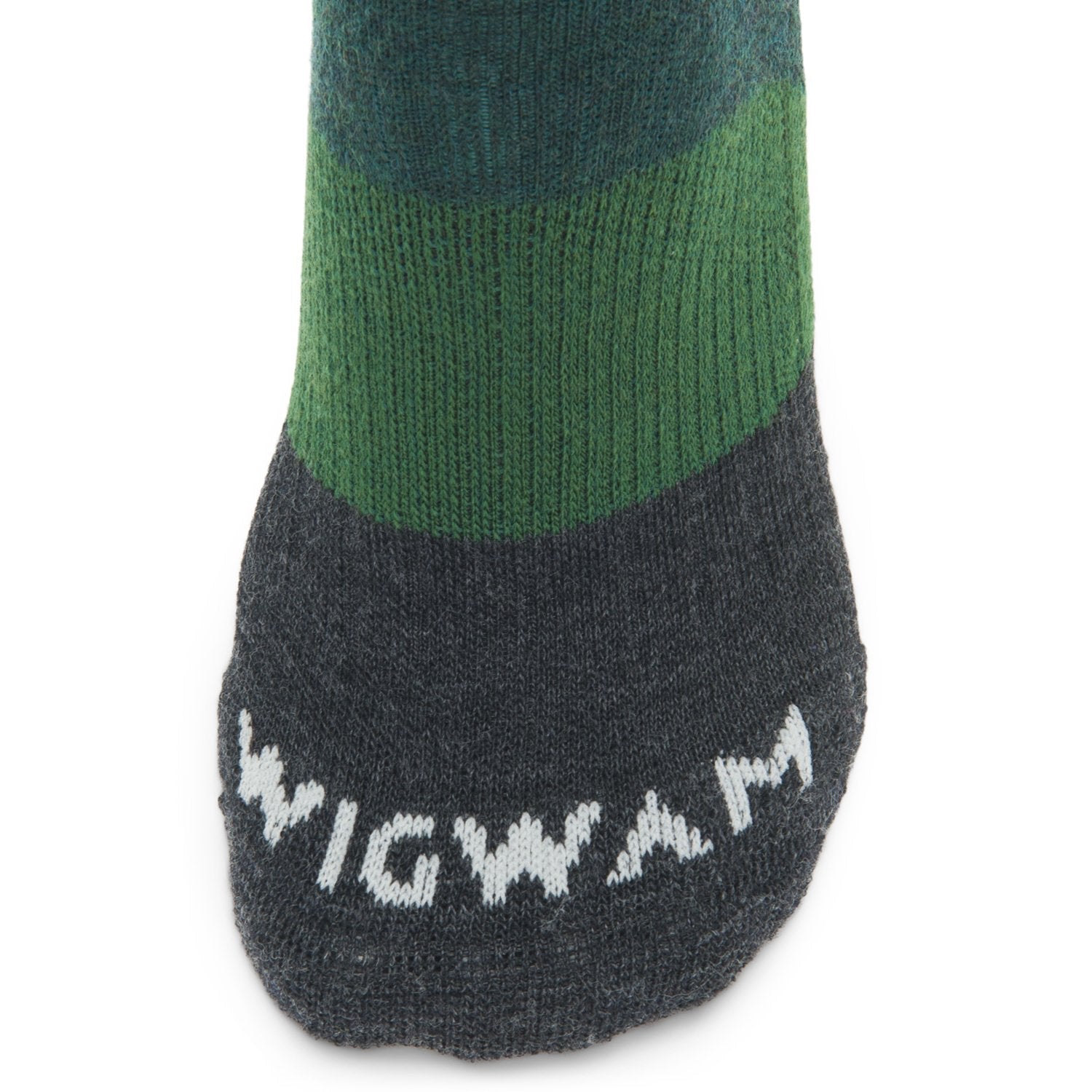 Trail Junkie Lightweight Mid Crew Sock With Merino Wool - June Bug toe perspective - made in The USA Wigwam Socks