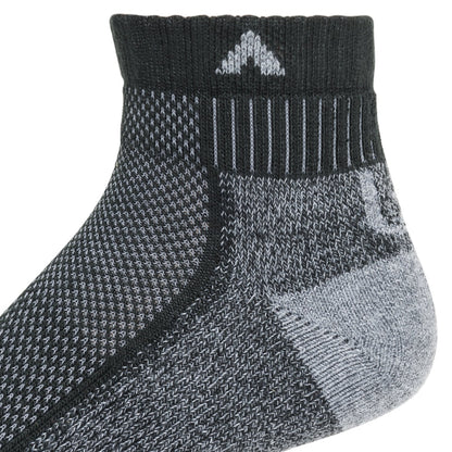 Cool-Lite Hiker Quarter Midweight Sock - Black/Grey heel and cuff perspective - made in The USA Wigwam Socks